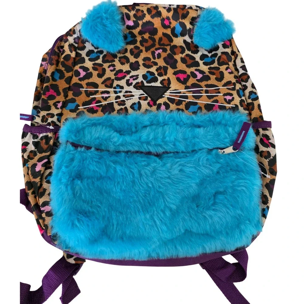 Girls Leopard Print Cat Backpack Teal Faux Fur Ears You're Purrfect 16